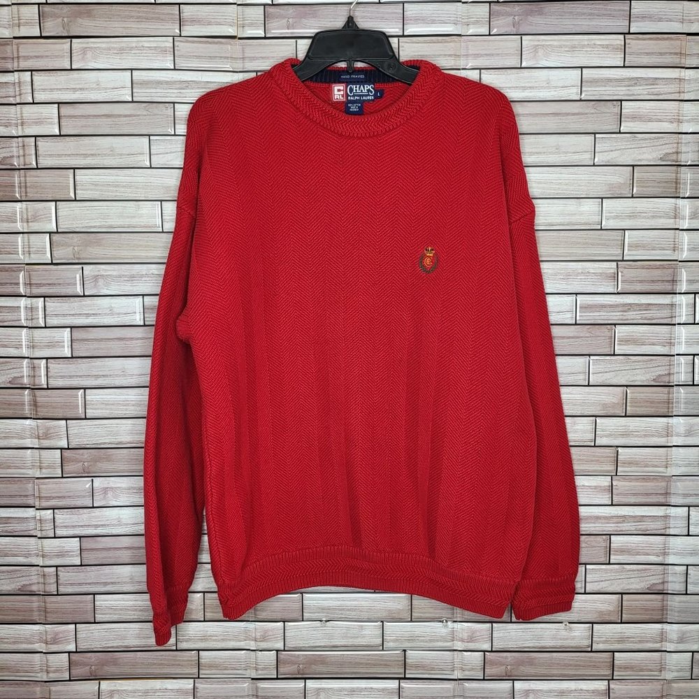 Chaps Ralph Lauren Sweater Men's Large Red‎ Pullover Hand Framed Cotton Outdoors
